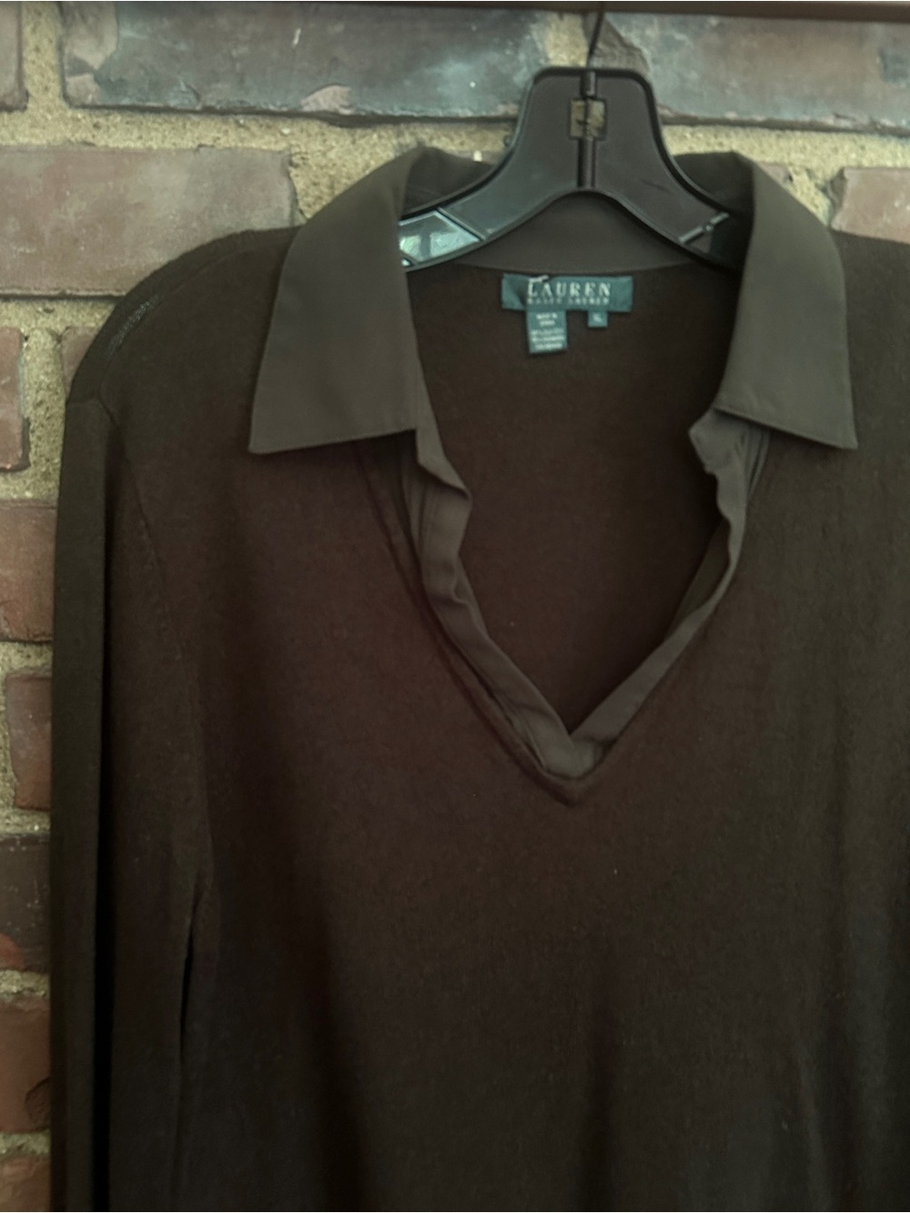 Ralph Lauren sweater features a brown cashmere blend knit faux-layered  collar